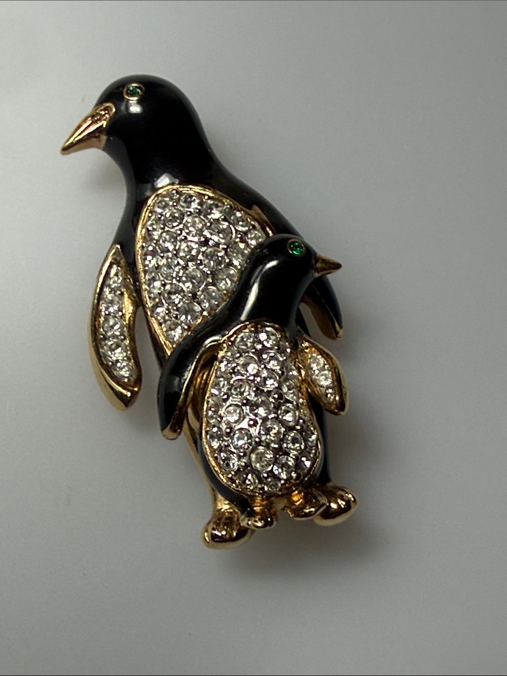 Black and Gold Penguin Duo Brooch with Clear Crystals
